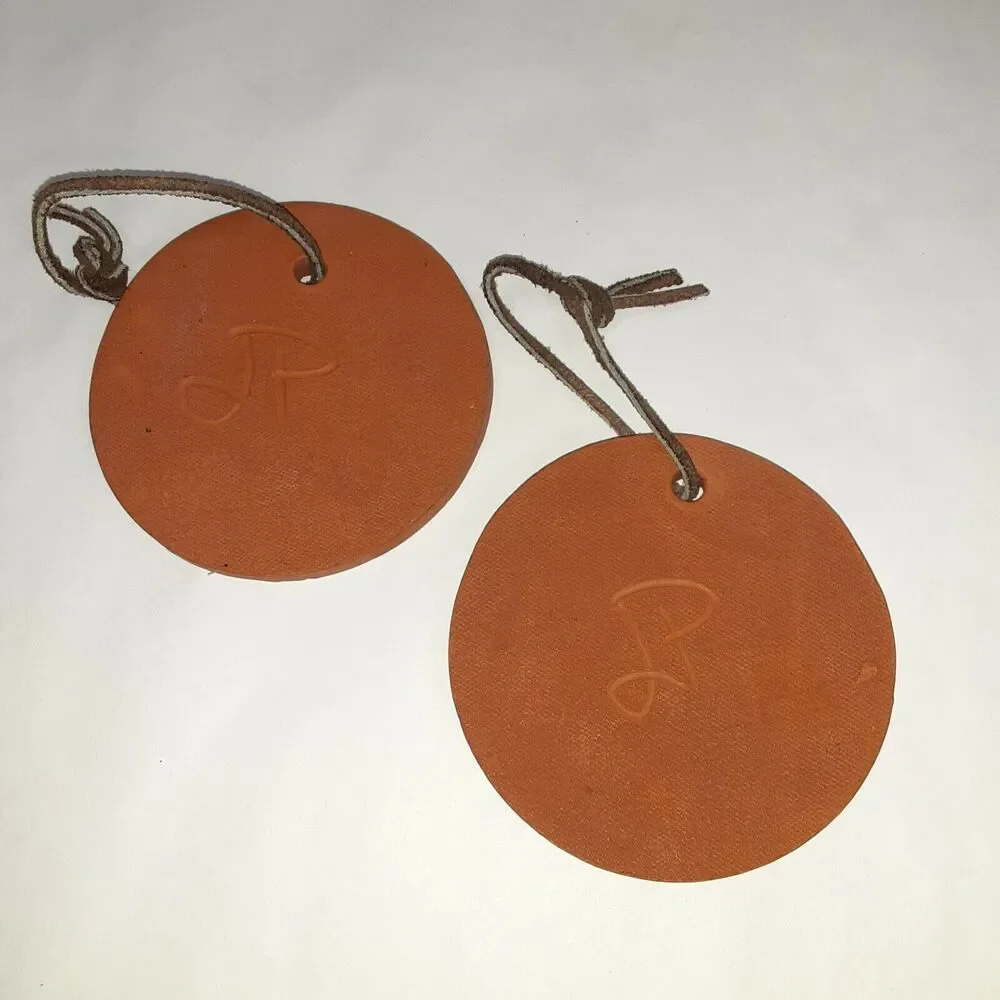 Earthenware Clay Round Etched Floral Tiles Artist Signed With Leather Hangers...